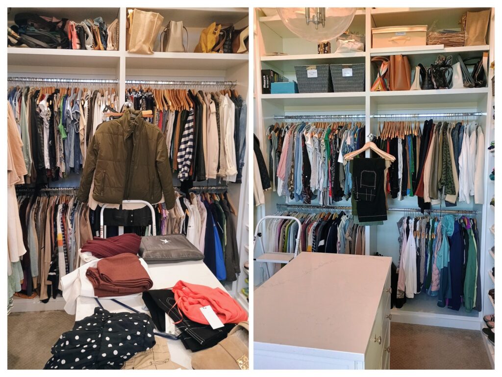 Before and after photos of a master closet, organized by Peaceful Spaces, LLC. 