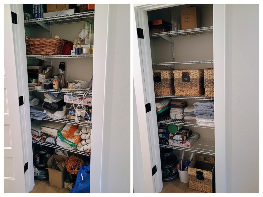 Before and after photos of a hall closet, organized by Peaceful Spaces, LLC.