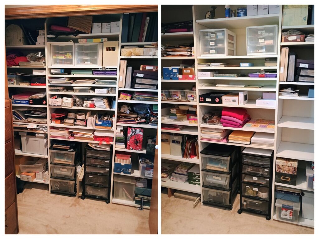 Before and after photos of a multipurpose office closet, organized by Peaceful Spaces, LLC.