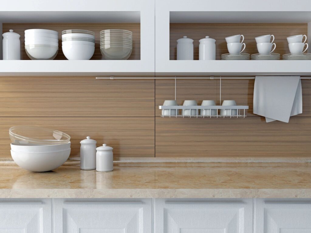 PIcture of organized kitchen dishes.