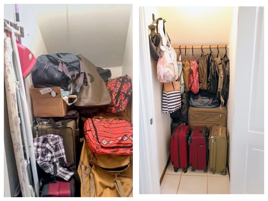 Before and after photos of a luggage closet, organized by Peaceful Spaces, LLC.