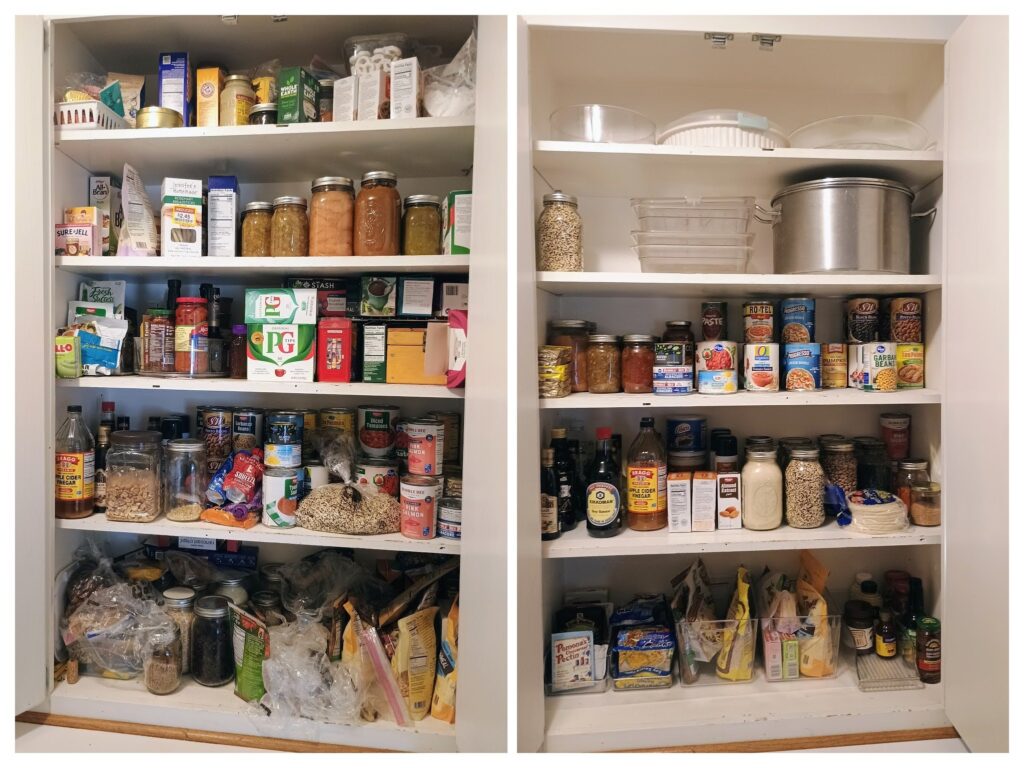 Picture of a before and after organization of a food pantry, organized by Peaceful Spaces, LLC.